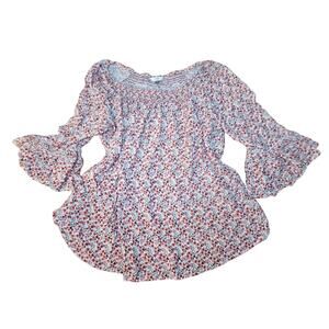 Terra & Sky Blouse Womens Smocked Neckline Bell Sleeves Floral Top Size 1x (793)